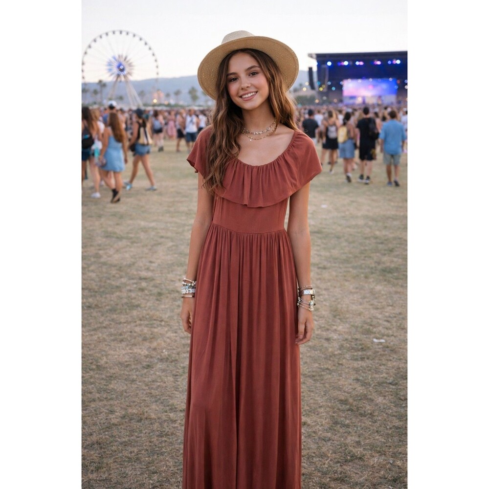 On Or Off Shoulder Maxi Dress Stretch Rust Color  BooHoo Size 8 Boho Festival